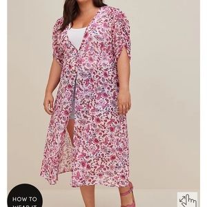 TORRID sz 2(2X) RUCHED SLEEVE KIMONO - SWISS DOT CHIFFON FLORAL PINK